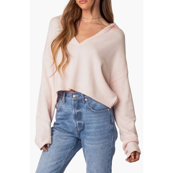 Edikted Marcie  Johnny Collar Light Pink Oversize Crop Sweater - Picture 1 of 6